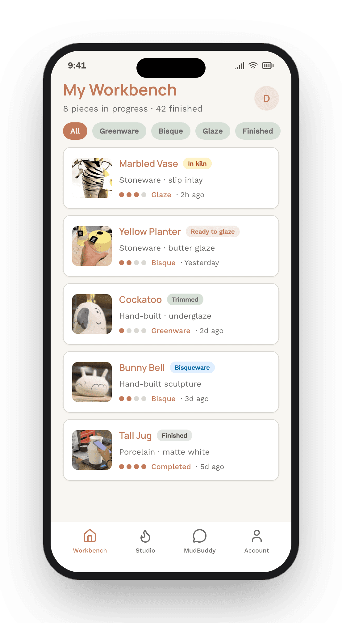 The MudBuddy app: a potter's workbench, each piece tracked through greenware, bisque, glaze and finished.
