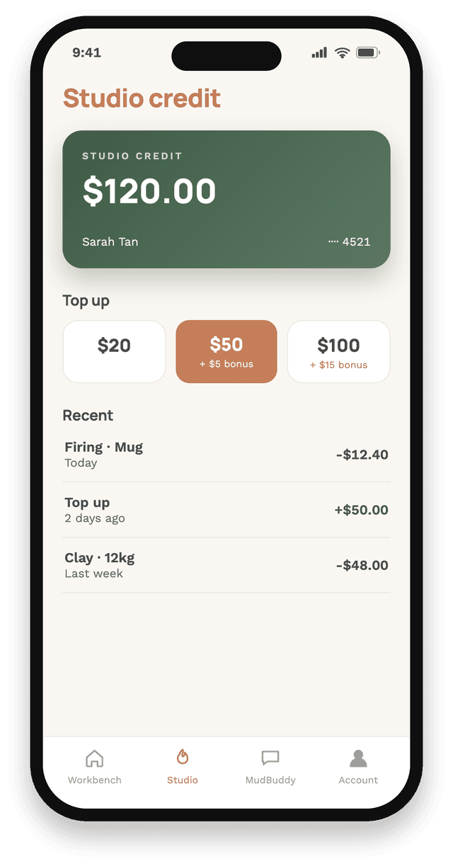 The MudBuddy app studio credit screen, showing balance, top-ups and recent activity