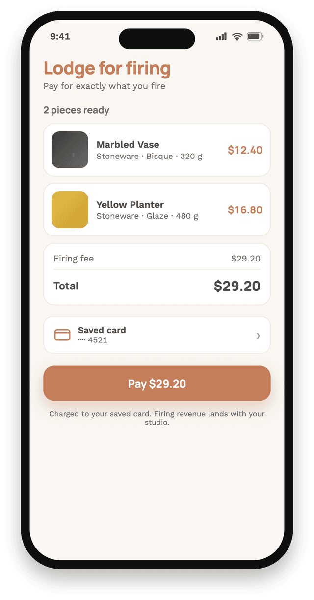 The MudBuddy app lodging pieces for firing and paying by saved card