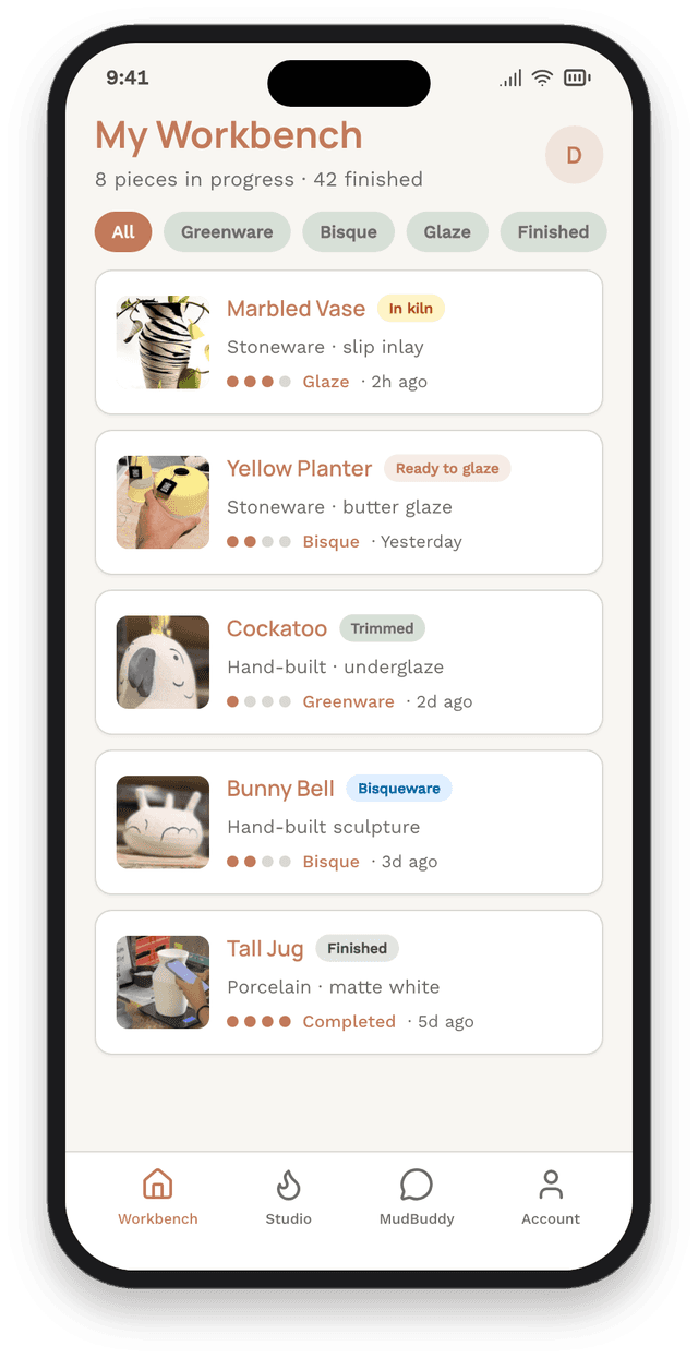 A member's workbench in the MudBuddy app, showing their pieces and stages